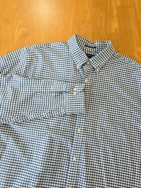 Lands' End Mens Tall Supima No Iron Oxford Gingham Check Blue White 18.5-37 NWOT